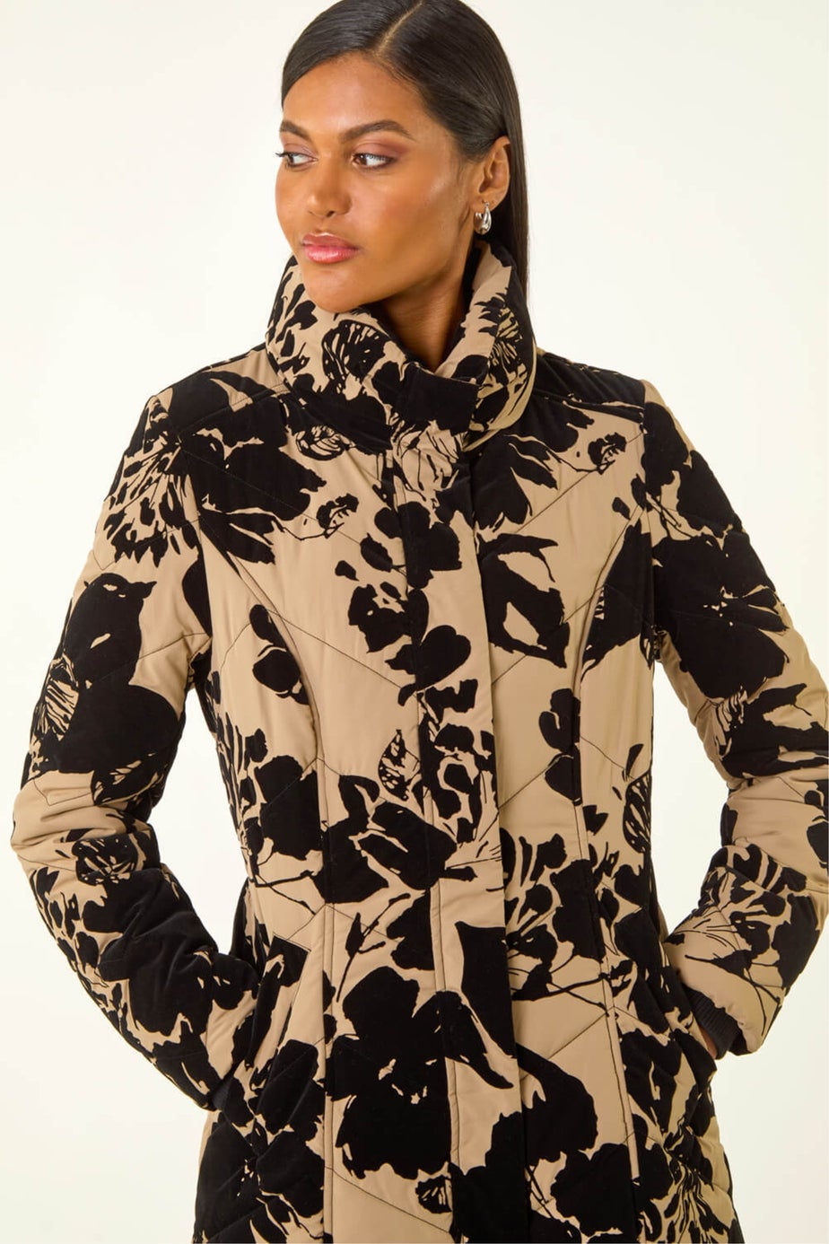 Roman Cream Floral Flock Detail Padded Coat