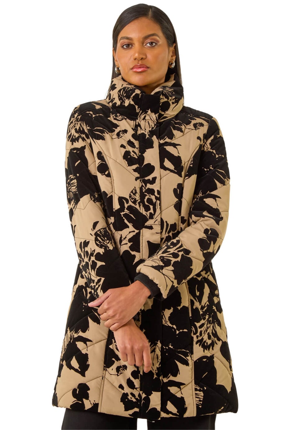 Roman Cream Floral Flock Detail Padded Coat