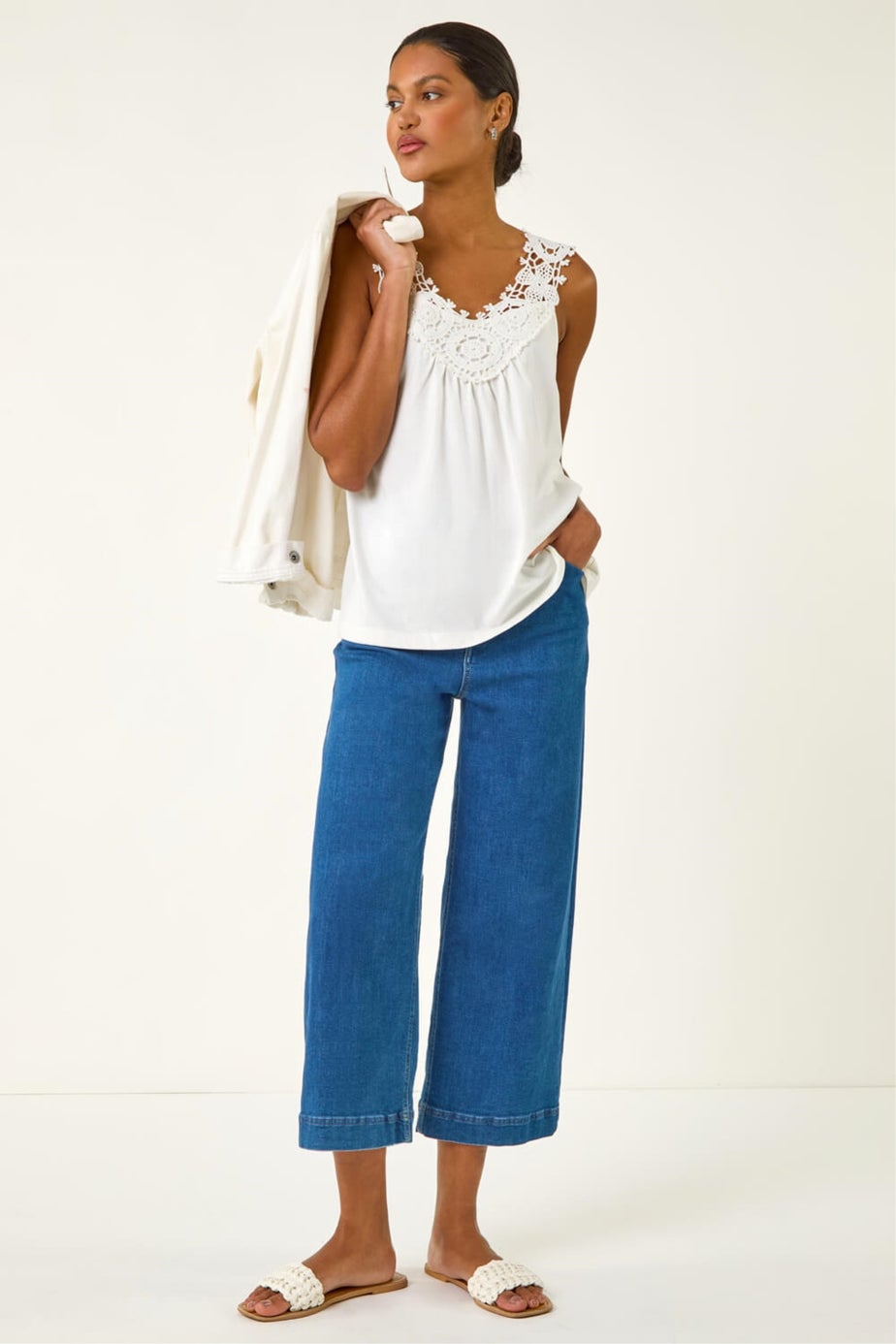 Roman Ivory Crochet Trim Vest Top