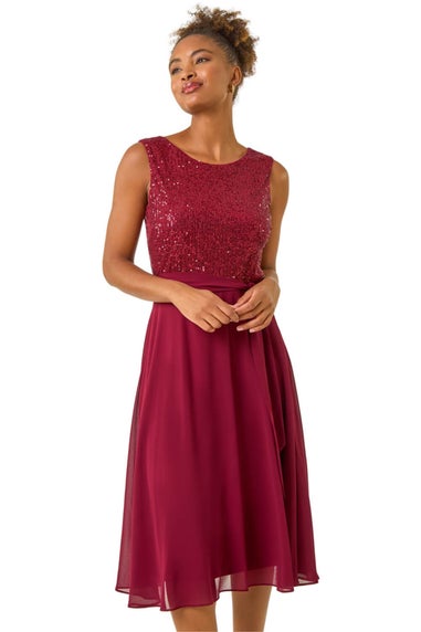 Roman Bordeaux Sequin Bodice Belted Chiffon Dress
