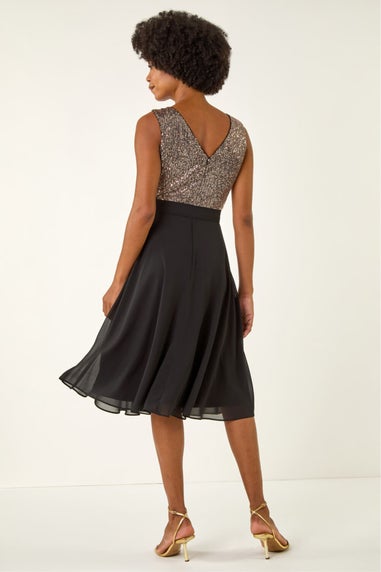 Roman Gold Sequin Bodice Belted Chiffon Dress