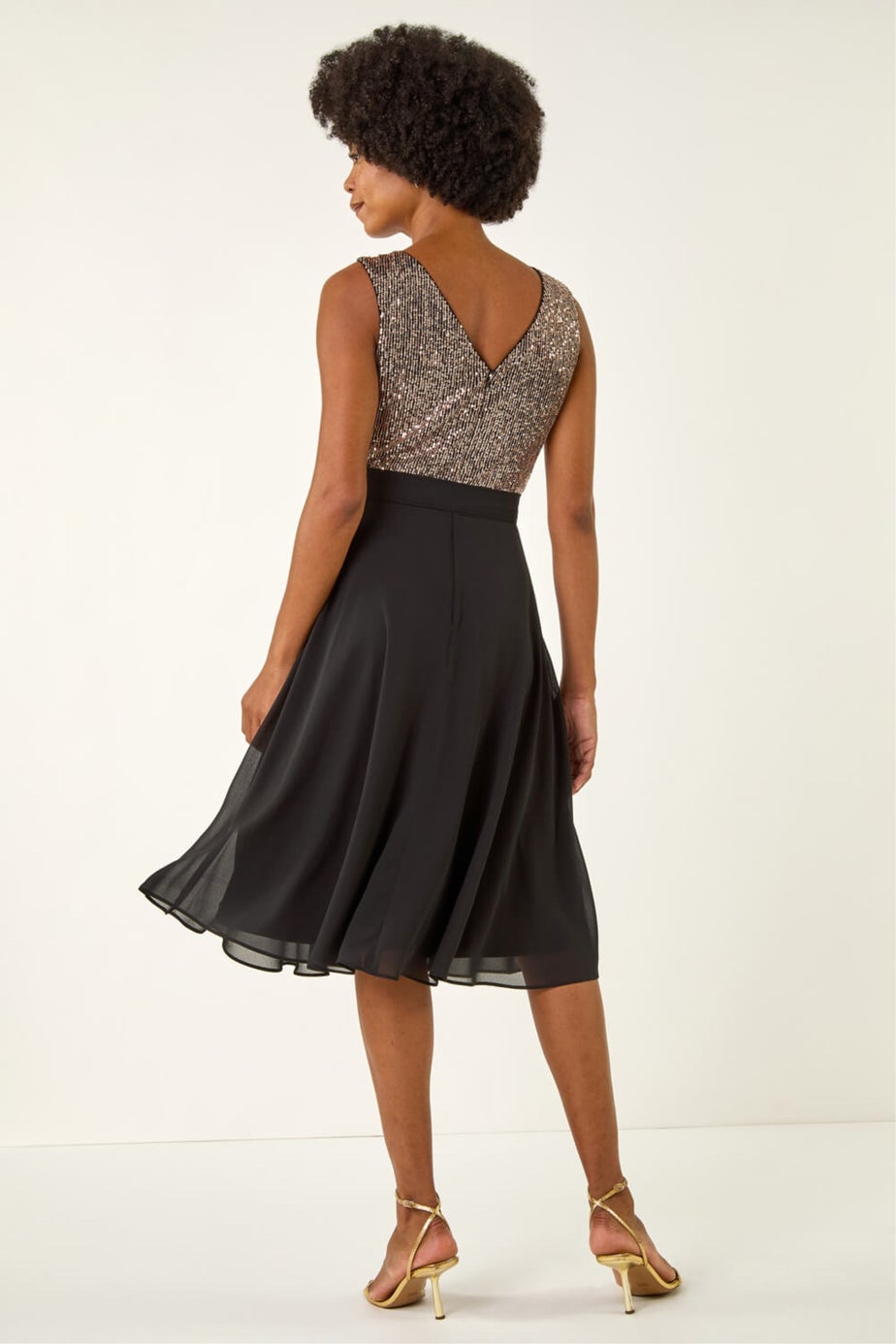 Roman Gold Sequin Bodice Belted Chiffon Dress