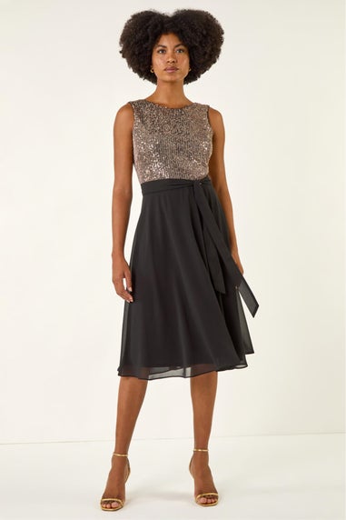 Roman Gold Sequin Bodice Belted Chiffon Dress