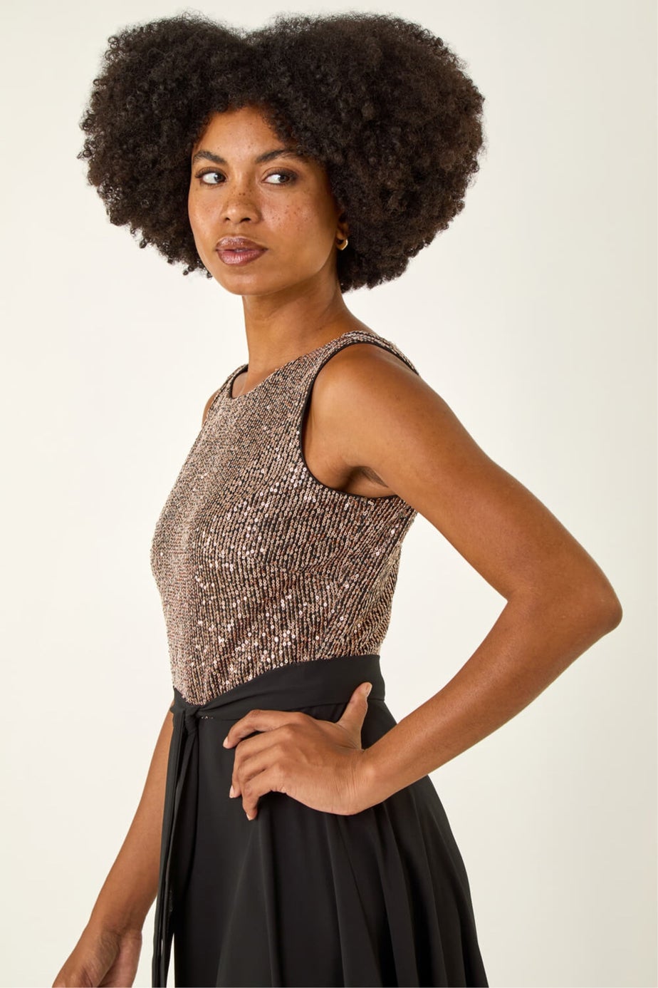 Roman Gold Sequin Bodice Belted Chiffon Dress