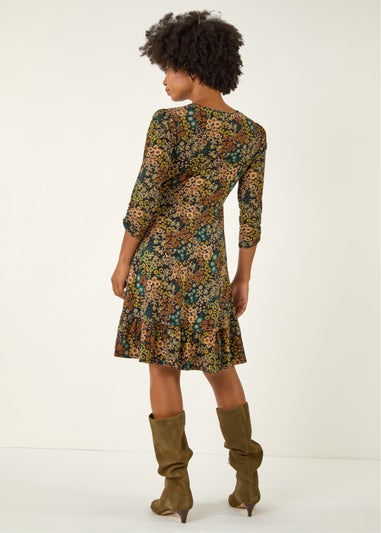 Roman Teal Floral Print V-Neck Stretch Dress