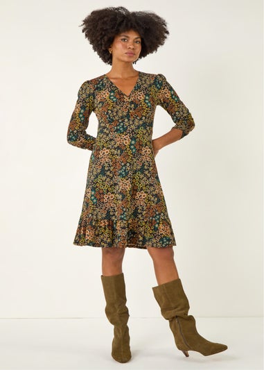 Roman Teal Floral Print V-Neck Stretch Dress