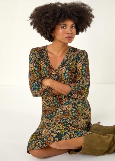 Roman Teal Floral Print V-Neck Stretch Dress