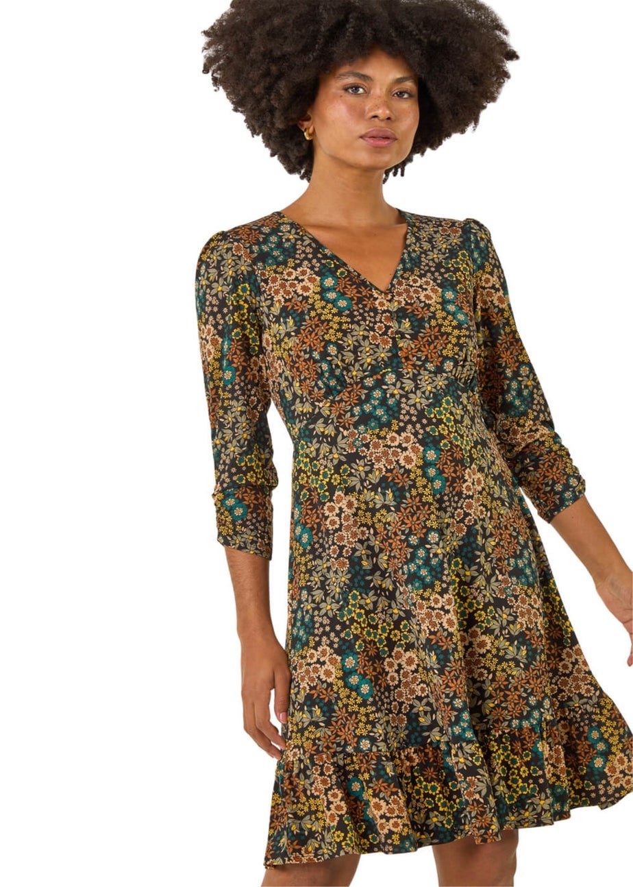 Roman Teal Floral Print V-Neck Stretch Dress