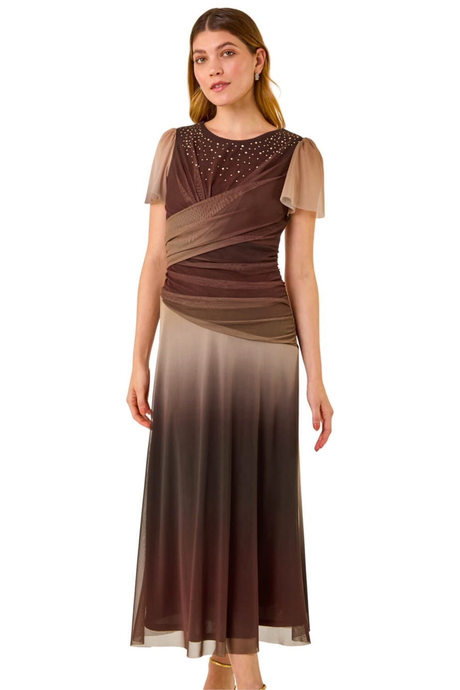 Roman Brown Hotfix Ombre Mesh Midi Dress