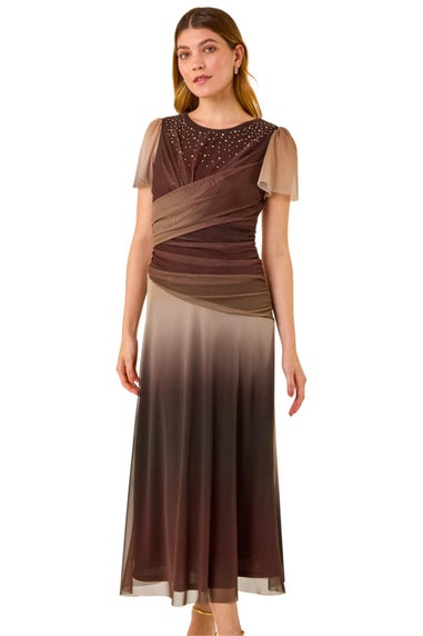 Roman Brown Hotfix Ombre Mesh Midi Dress