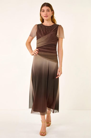 Roman Brown Hotfix Ombre Mesh Midi Dress
