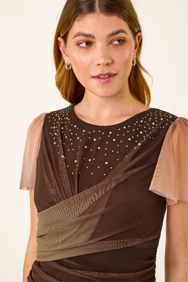 Roman Brown Hotfix Ombre Mesh Midi Dress