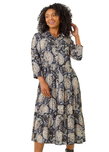 Roman Black Petite Paisley Print Tiered Midi Dress