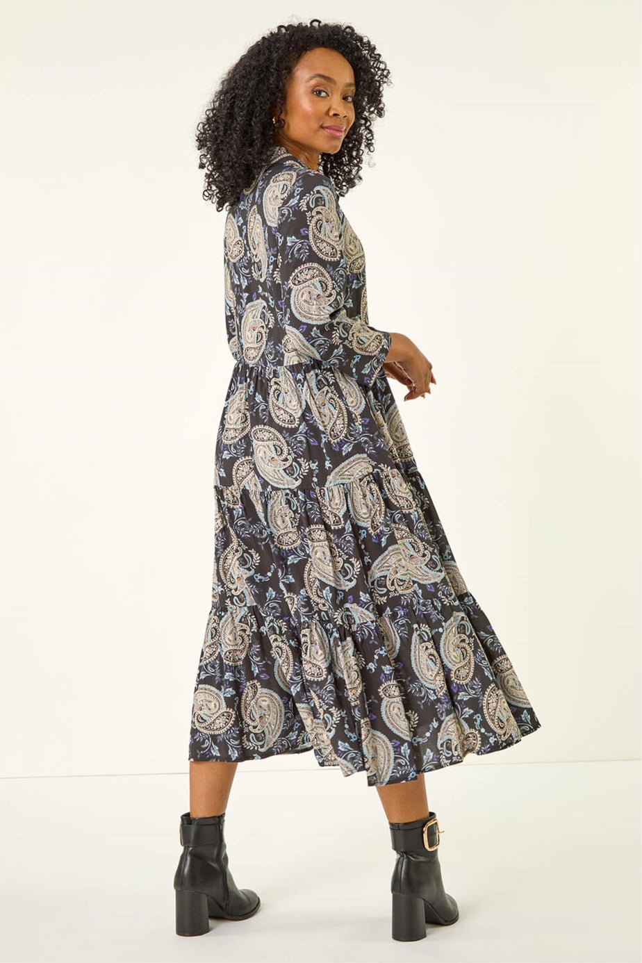 Roman Black Petite Paisley Print Tiered Midi Dress