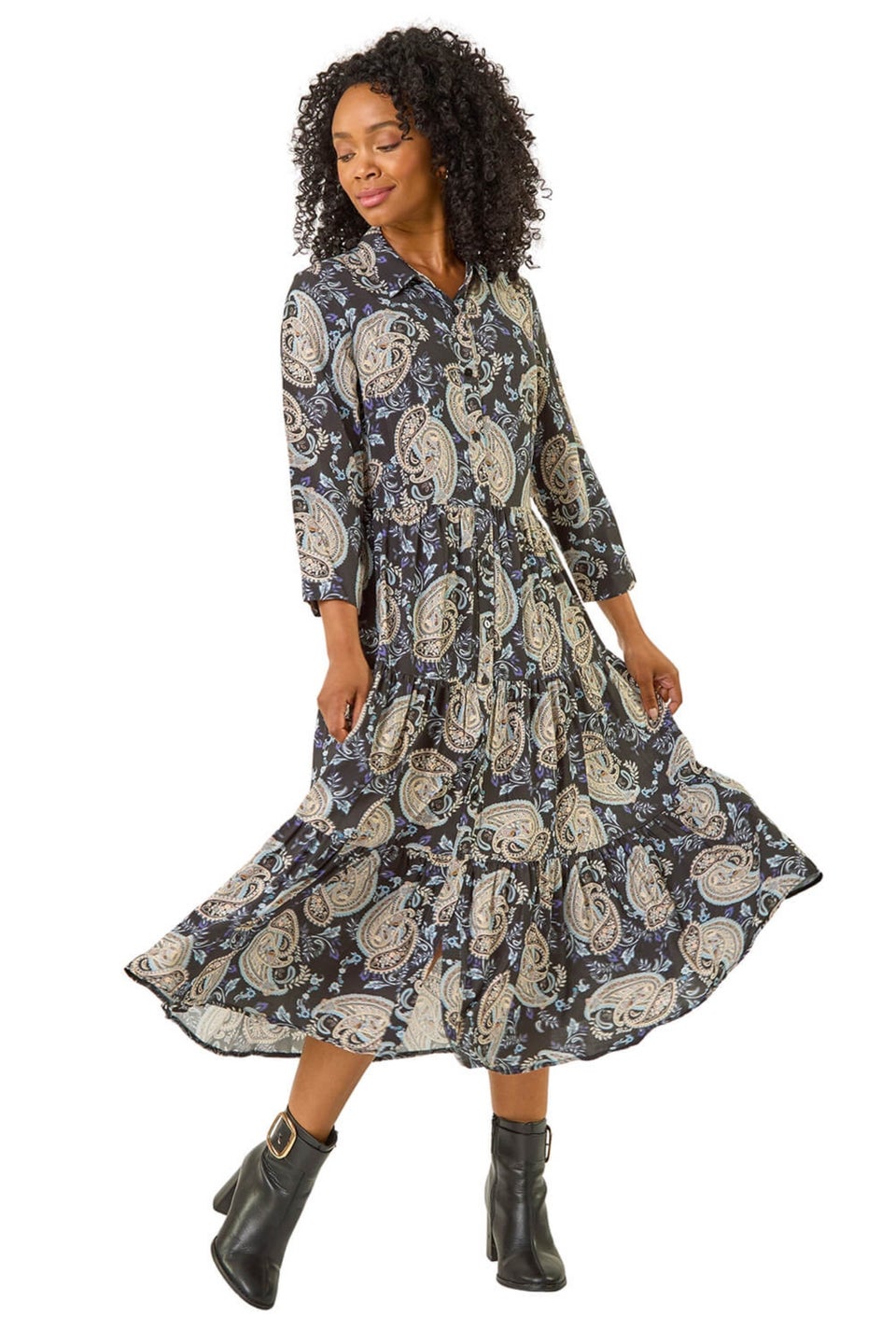 Roman Black Petite Paisley Print Tiered Midi Dress