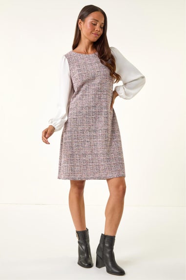 Roman Pink Petite Boucle Contrast Sleeve Dress