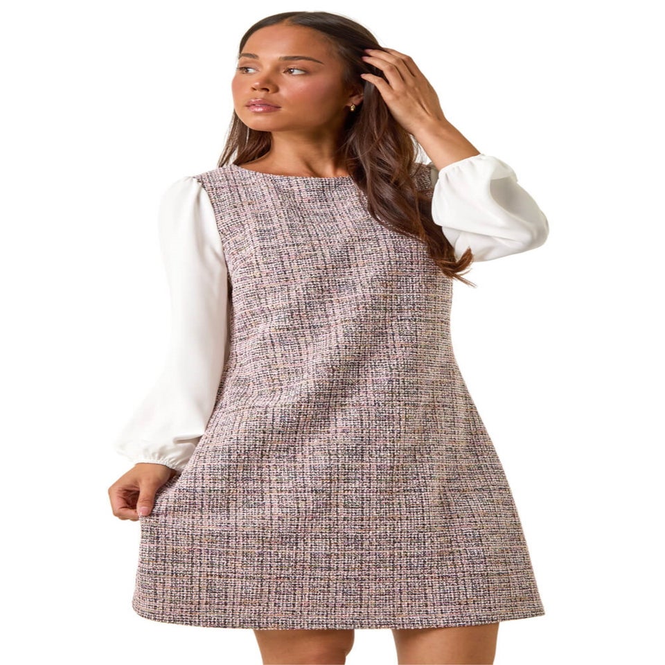 Roman Pink Petite Boucle Contrast Sleeve Dress