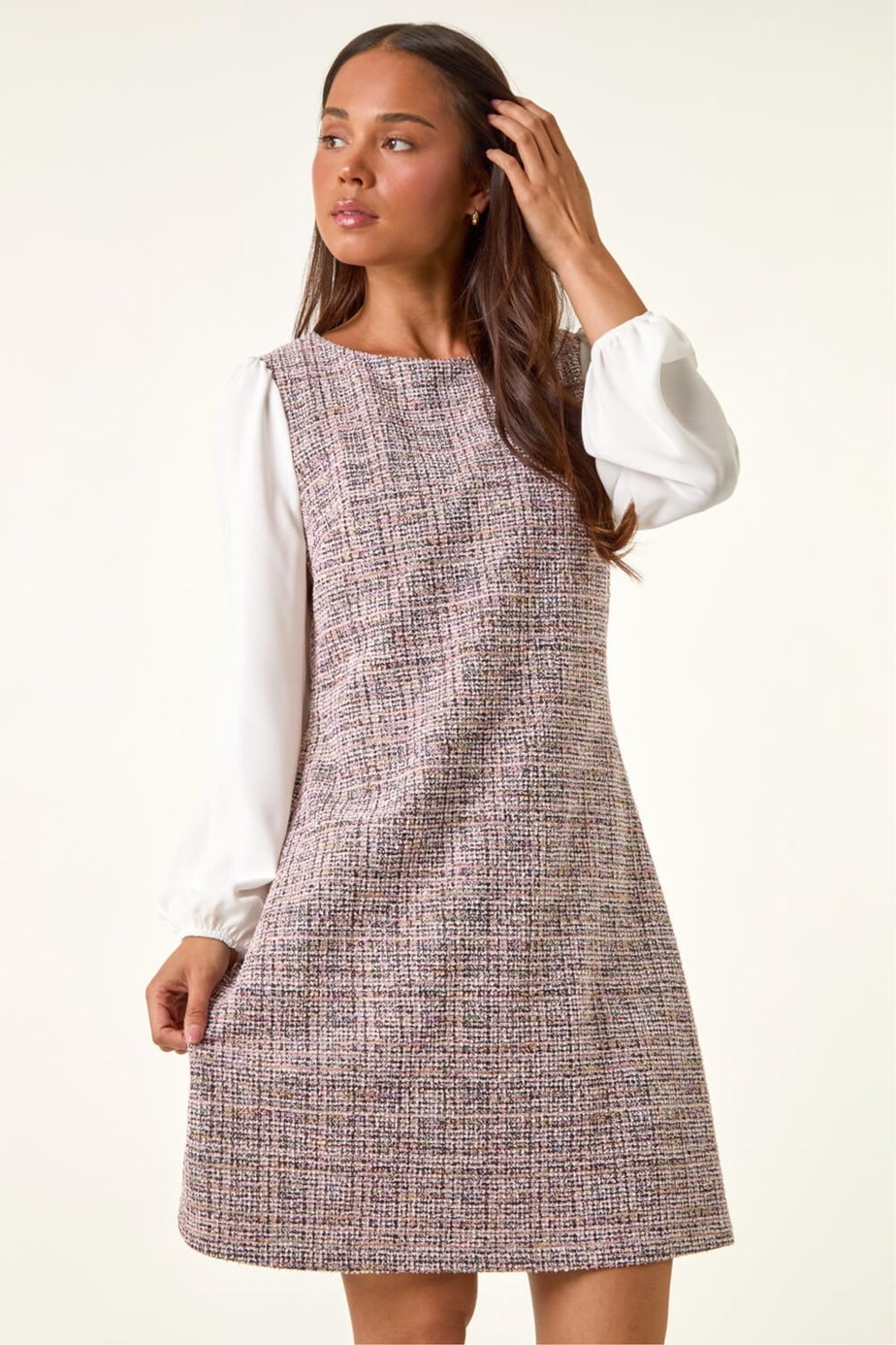 Roman Pink Petite Boucle Contrast Sleeve Dress