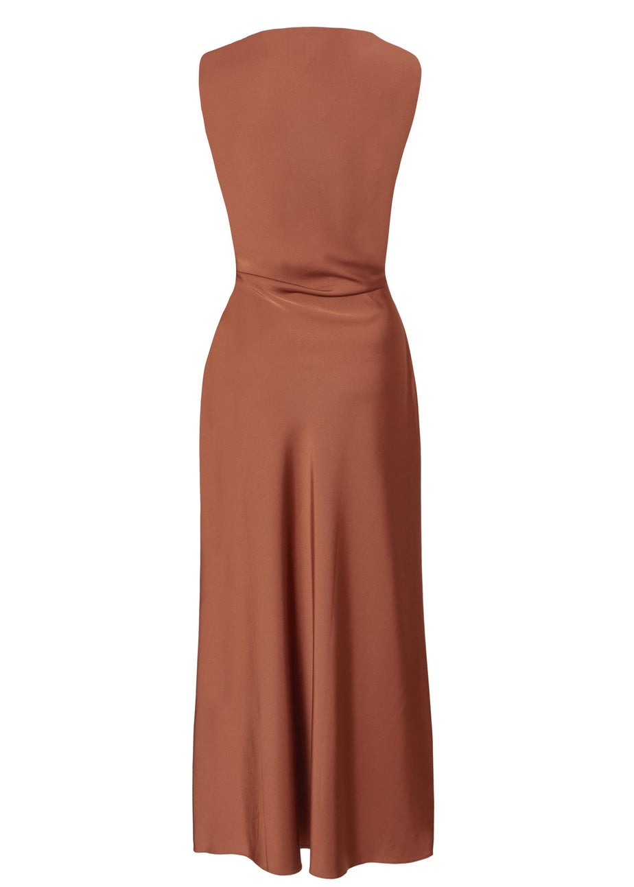 Quiz Brown Satin Ruched Midi Dress