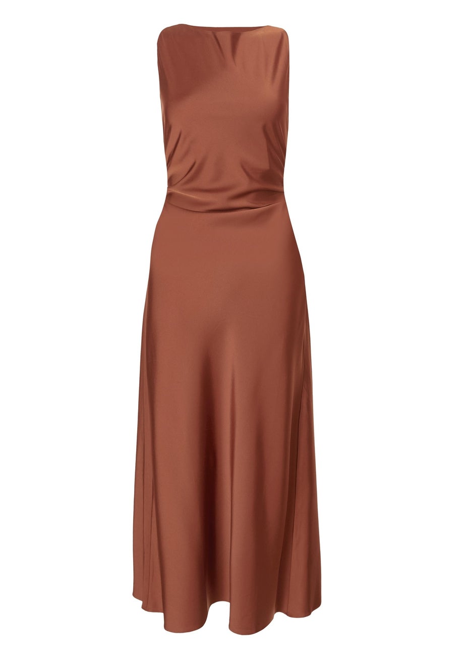 Quiz Brown Satin Ruched Midi Dress