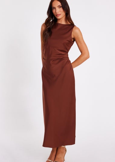 Quiz Brown Satin Ruched Midi Dress