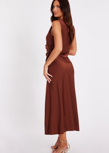 Quiz Brown Satin Ruched Midi Dress