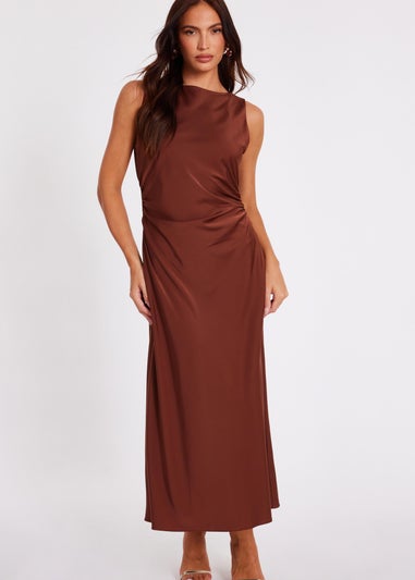 Quiz Brown Satin Ruched Midi Dress