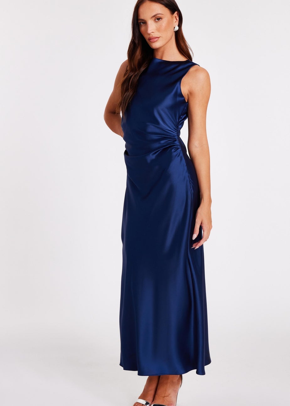 Quiz Navy Satin Ruched Midi Dress