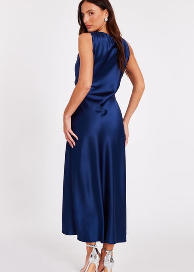 Quiz Navy Satin Ruched Midi Dress