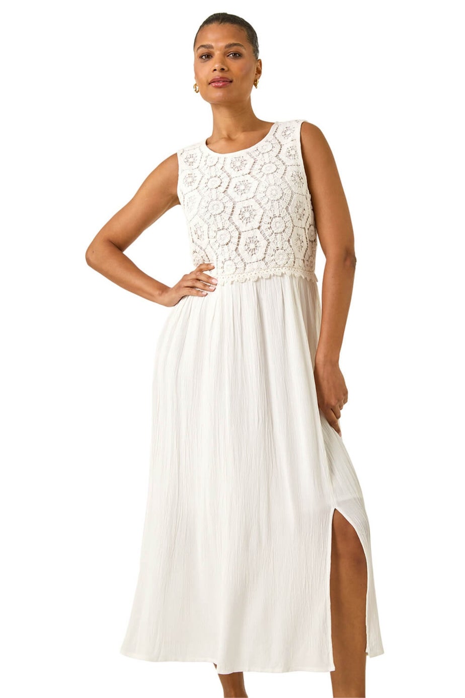 Roman White Crochet Bodice Midi Dress