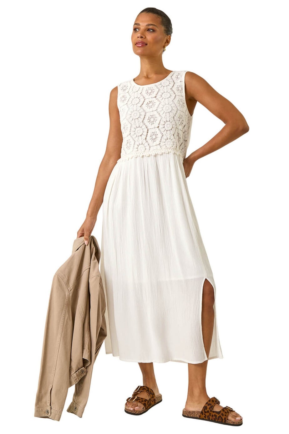 Roman White Crochet Bodice Midi Dress