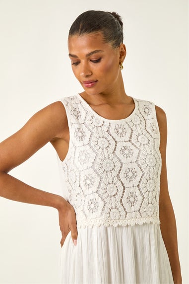Roman White Crochet Bodice Midi Dress