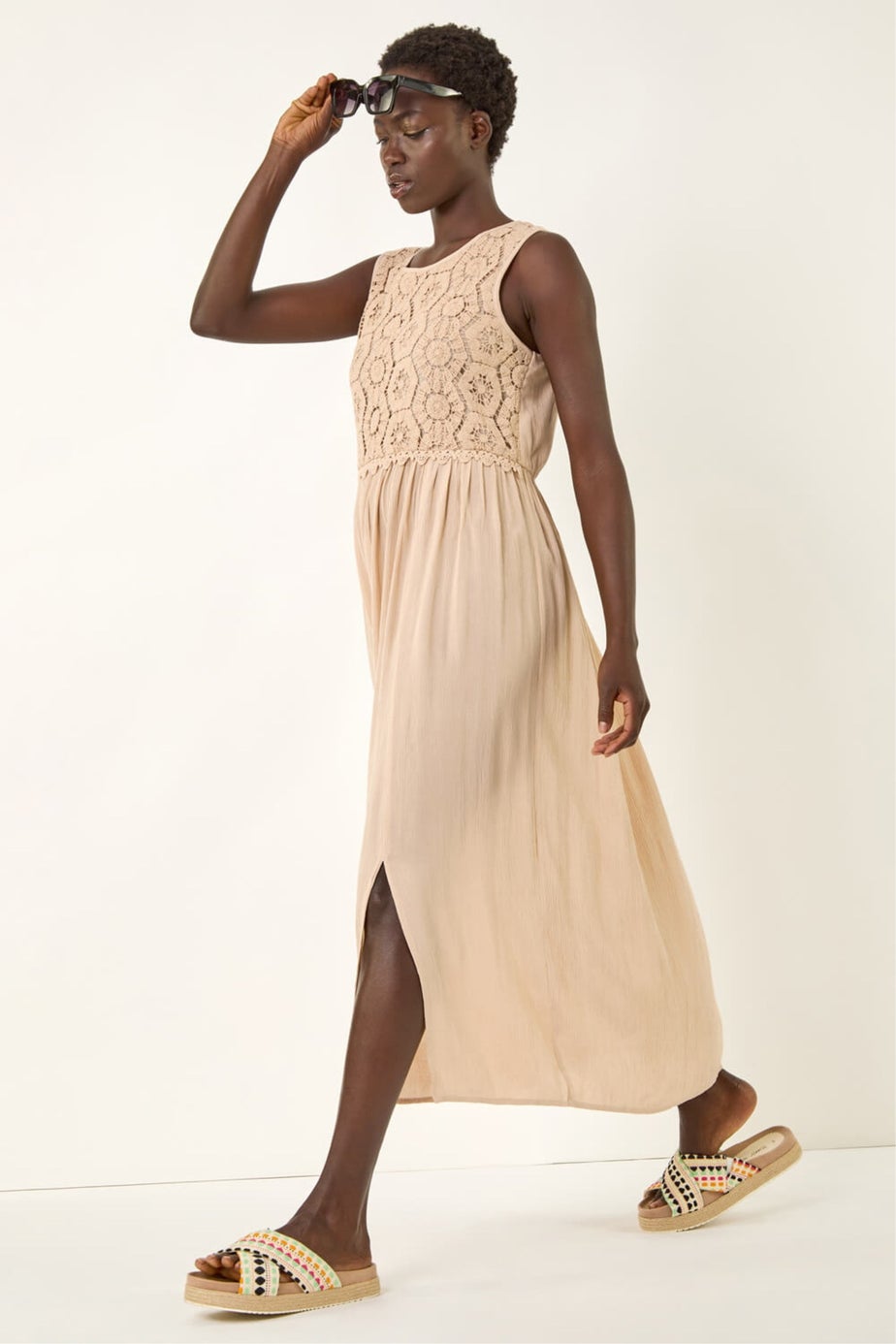 Roman Stone Crochet Bodice Midi Dress