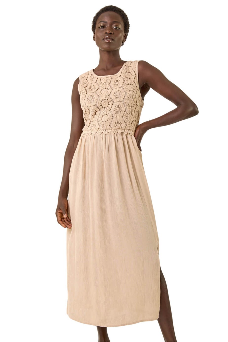 Roman Stone Crochet Bodice Midi Dress