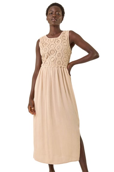 Roman Stone Crochet Bodice Midi Dress