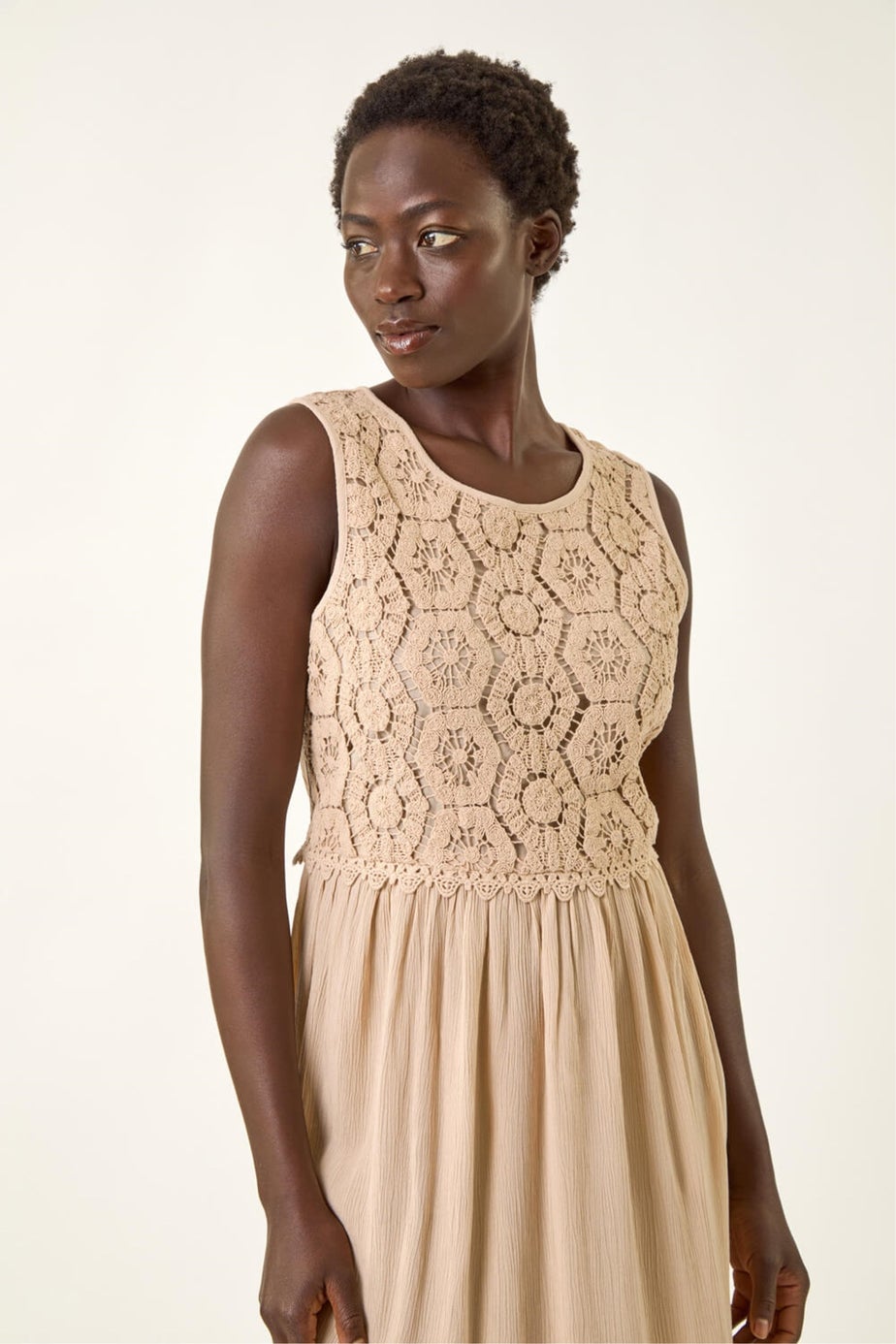 Roman Stone Crochet Bodice Midi Dress