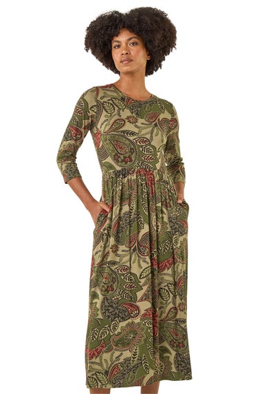 Roman Khaki Paisley Print Stretch Midi Dress