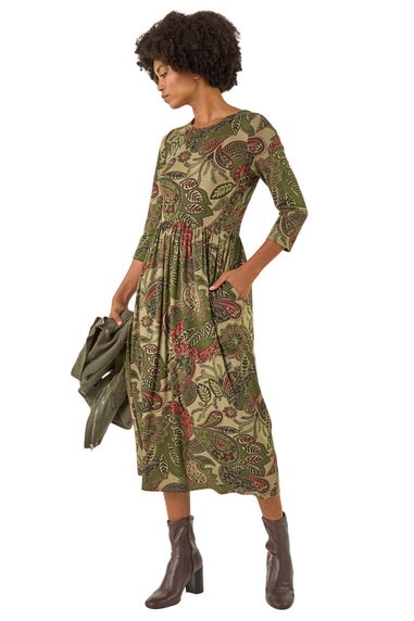 Roman Khaki Paisley Print Stretch Midi Dress