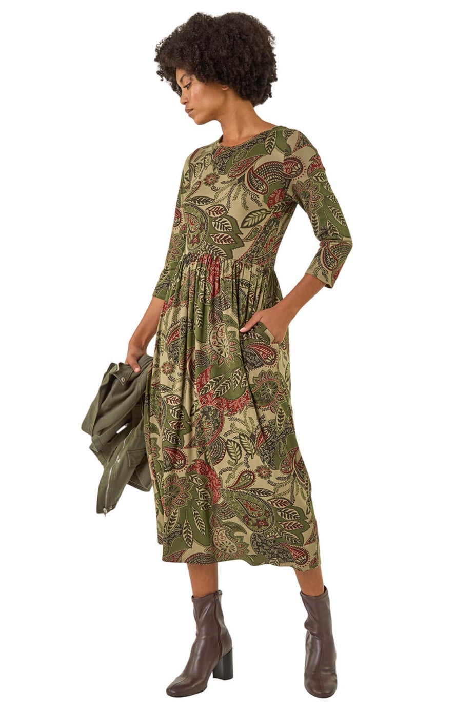 Roman Khaki Paisley Print Stretch Midi Dress