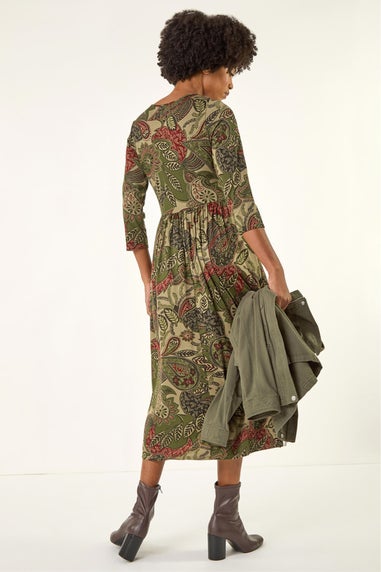 Roman Khaki Paisley Print Stretch Midi Dress