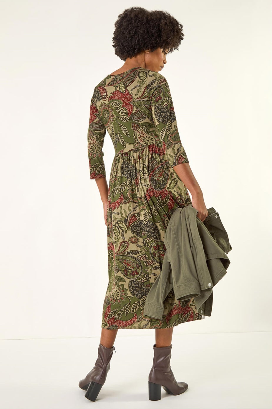 Roman Khaki Paisley Print Stretch Midi Dress