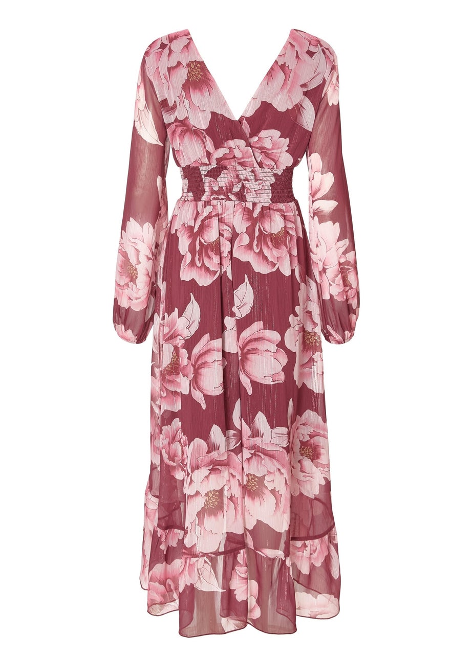 Quiz Burgundy Floral Dip Hem Dress