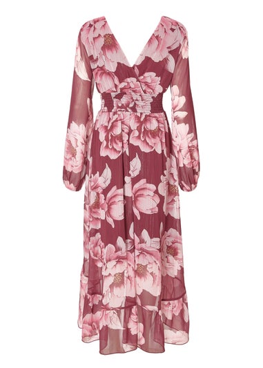 Quiz Burgundy Floral Dip Hem Dress