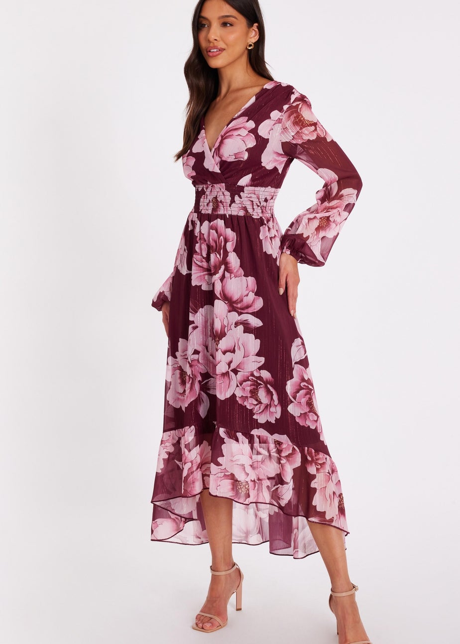 Quiz Burgundy Floral Dip Hem Dress