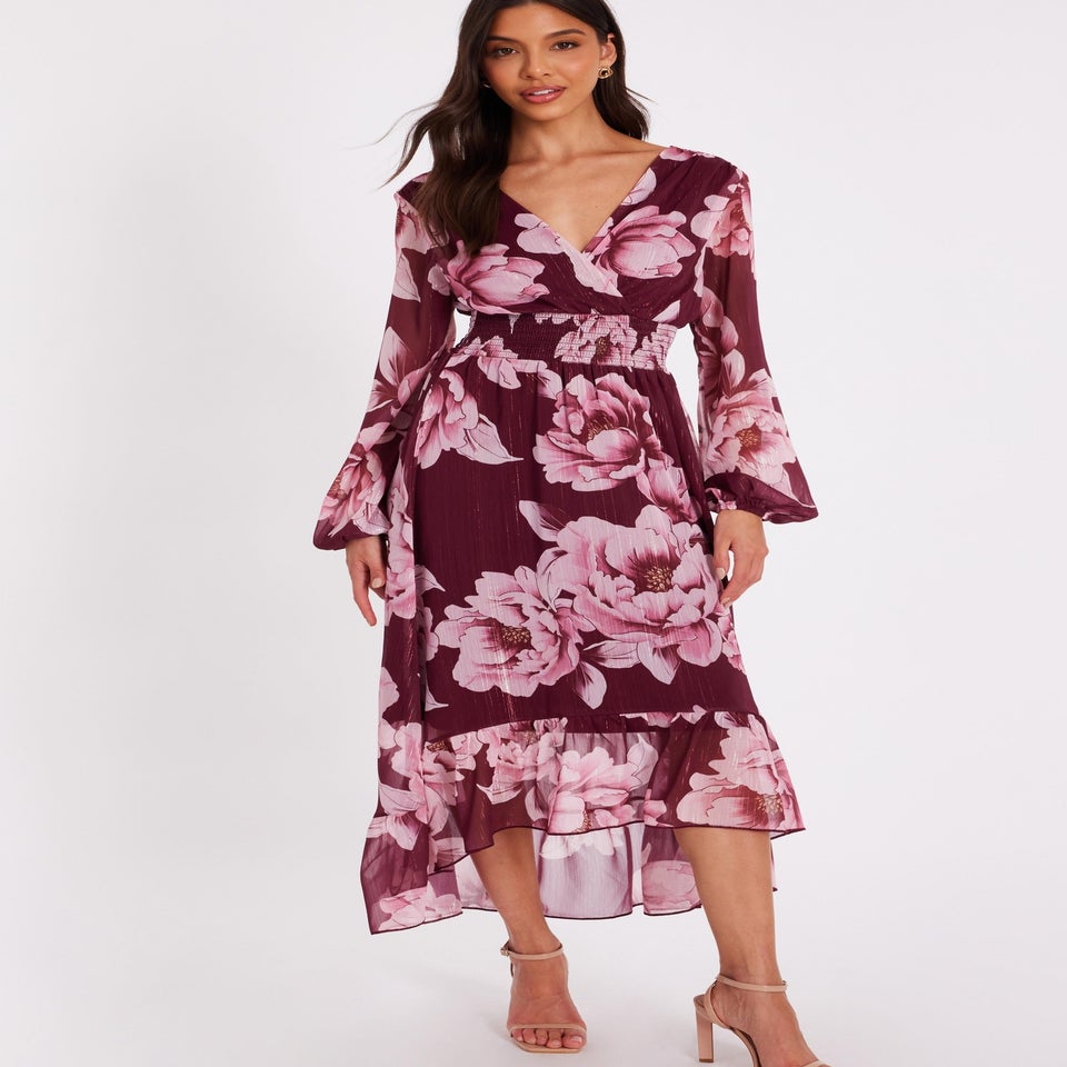 Quiz Burgundy Floral Dip Hem Dress