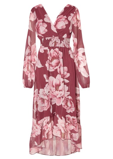 Quiz Burgundy Floral Dip Hem Dress