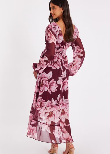 Quiz Burgundy Floral Dip Hem Dress