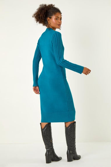 Dusk Teal Cable Knit Midi Jumper Dress