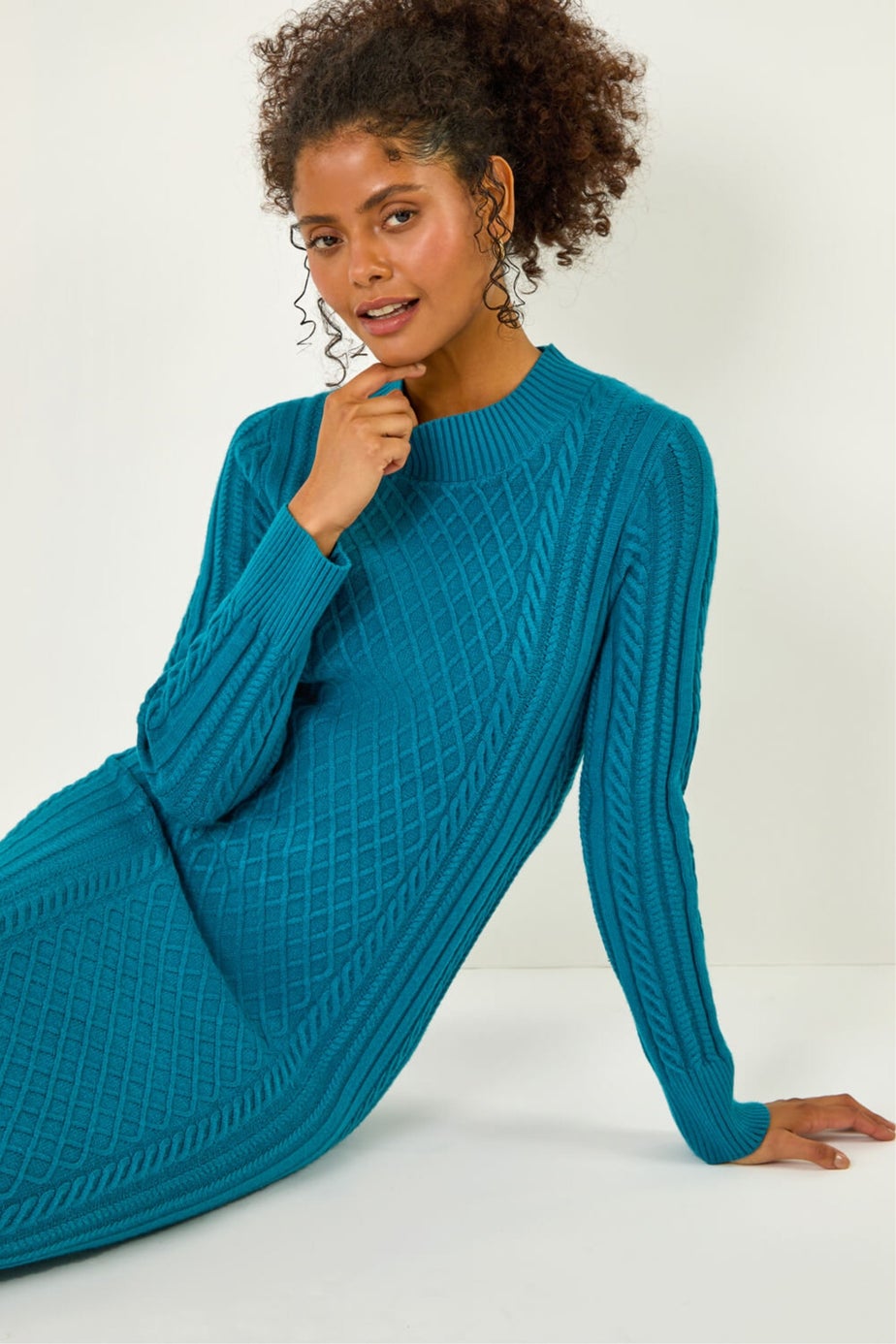Dusk Teal Cable Knit Midi Jumper Dress