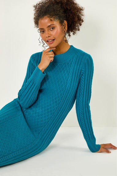 Dusk Teal Cable Knit Midi Jumper Dress